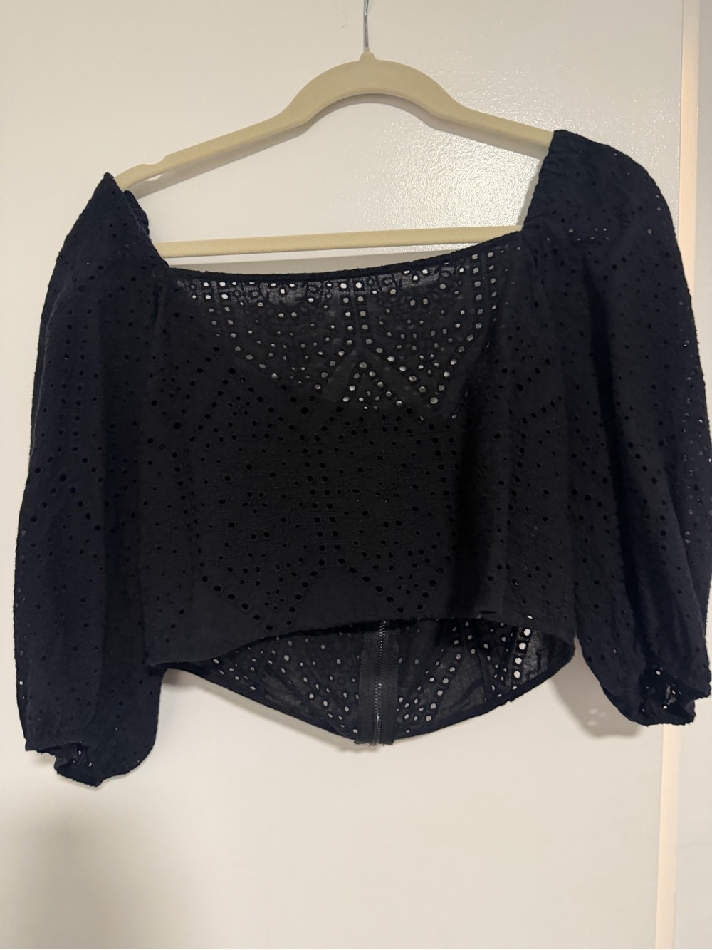 Socialite Black Eyelet Square-Neck Puff Sleeve Crop Top